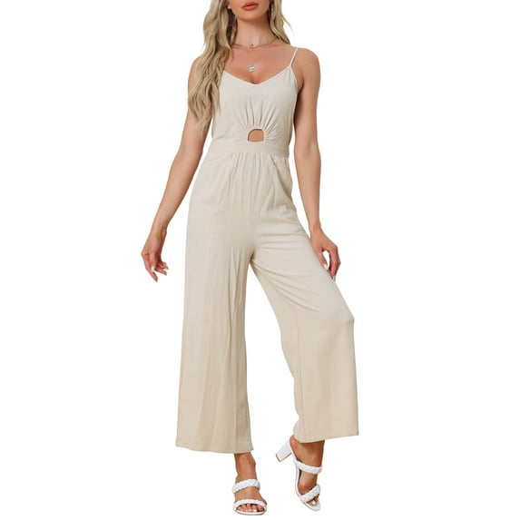 INSPIRE CHIC Summer Jumpsuit for Women's Casual Spaghetti Strap Cut Out Wide Leg Romper XS Beige