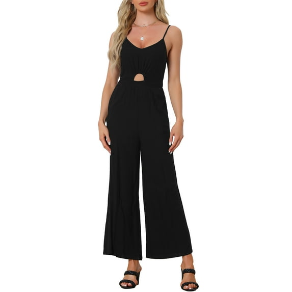 INSPIRE CHIC Summer Jumpsuit for Women's Casual Spaghetti Strap Cut Out Wide Leg Romper S Black
