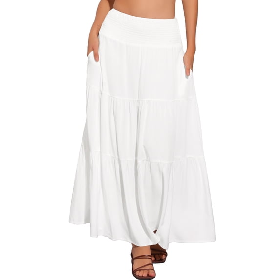 INSPIRE CHIC Summer Maxi Skirt for Women's Casual Elastic High Waist Boho Long Skirts S White
