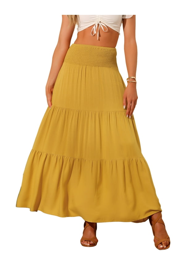 Summer Maxi Skirt for Women's Casual Elastic High Waist Boho Long Skirts XS Yellow