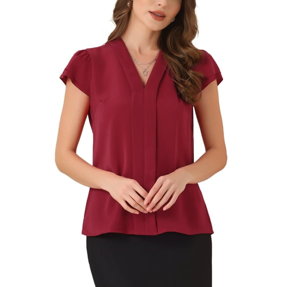 INSPIRE CHIC Summer Office Tops for Women's V-Neck Solid Color Casual Chiffon Ruffle Sleeve Blouse S Red