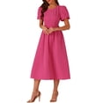thumbnail image 1 of INSPIRE CHIC Women's Dress Summer Puff Sleeve Round Neck Solid Textured Flare Dresses XL Hot Pink, 1 of 5
