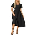 thumbnail image 1 of INSPIRE CHIC Women's Dress Summer Puff Sleeve Round Neck Solid Textured Flare Dresses M Black, 1 of 6