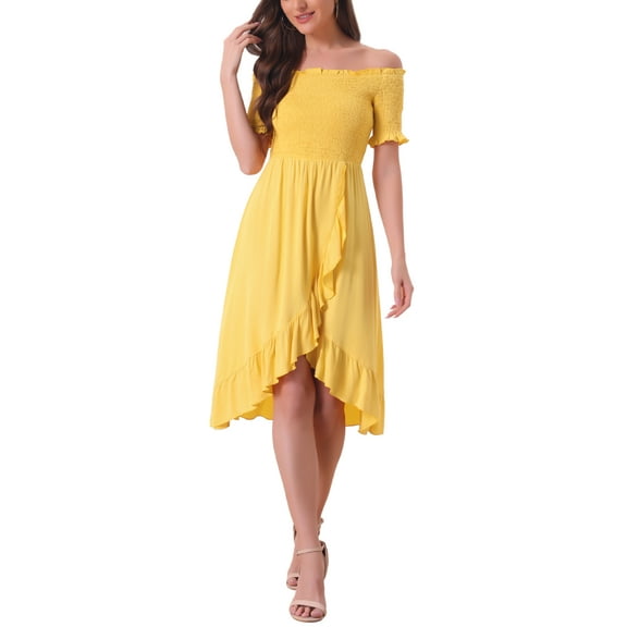 INSPIRE CHIC Summer Smocked Dresses for Women's Off the Shoulder Ruffle Hem Midi Dress XS Yellow