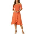 thumbnail image 1 of INSPIRE CHIC Summer Smocked Dresses for Women's Off the Shoulder Ruffle Hem Midi Dress XS Orange, 1 of 6
