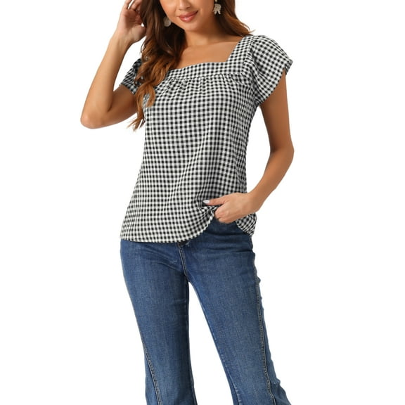 INSPIRE CHIC Women's Top Summer Square Neck Gingham Cap Sleeve Blouses M Black