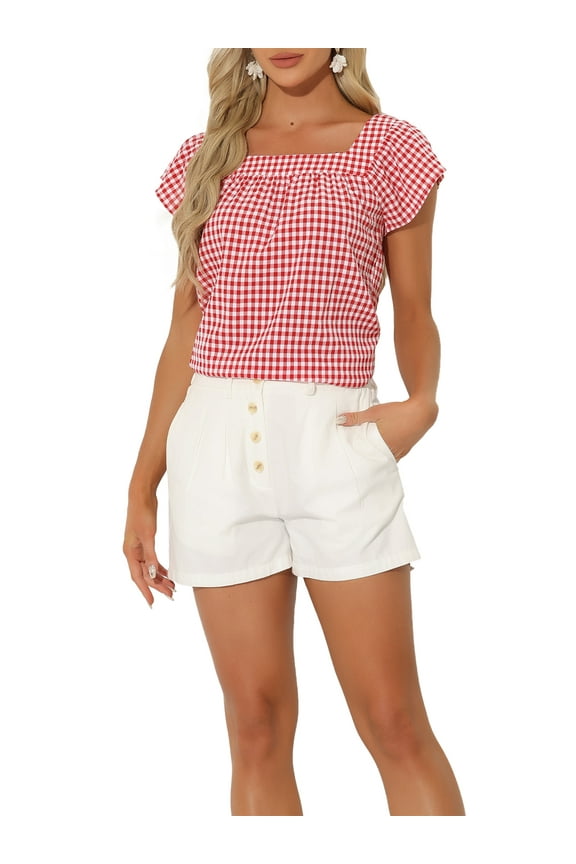 Women's Top Summer Square Neck Gingham Cap Sleeve Blouses S Red