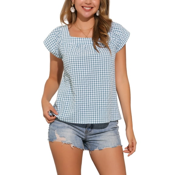 INSPIRE CHIC Women's Top Summer Square Neck Gingham Cap Sleeve Blouses XL Lake Blue