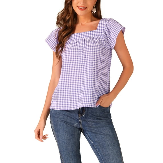 INSPIRE CHIC Women's Top Summer Square Neck Gingham Cap Sleeve Blouses XS Purple