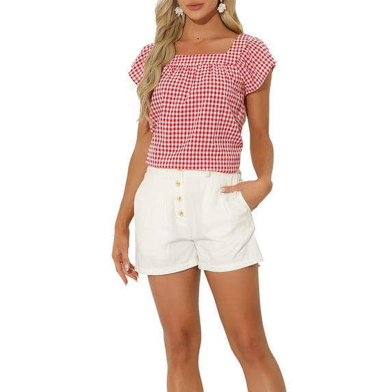 INSPIRE CHIC Women's Top Summer Square Neck Gingham Cap Sleeve Blouses XS Red