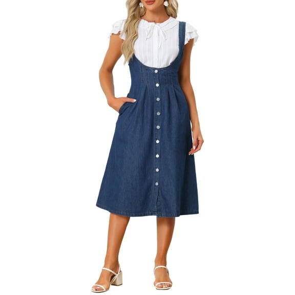 INSPIRE CHIC Suspender Dress for Women's Button Front Classic U Neck Overall Denim Midi Dress with Pockets L Dark Blue
