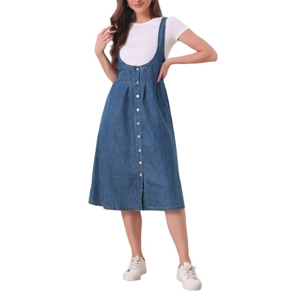 INSPIRE CHIC Suspender Dress for Women's Button Front Classic U Neck Overall Denim Midi Dress with Pockets XS Blue