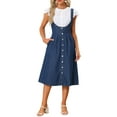 thumbnail image 1 of INSPIRE CHIC Suspender Dress for Women's Button Front Classic U Neck Overall Denim Midi Dress with Pockets XS Dark Blue, 1 of 6