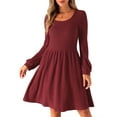thumbnail image 1 of INSPIRE CHIC Sweater Dress for Women's Scoop Neck Pockets Stretchy Puff Long Sleeve Knit Dresses Wine L, 1 of 4
