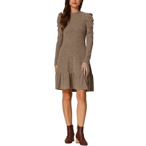 INSPIRE CHIC Women's Sweater Dress Crew Neck Collar Long Puff Sleeve Side Pockets Solid Color Dresses XS Camel
