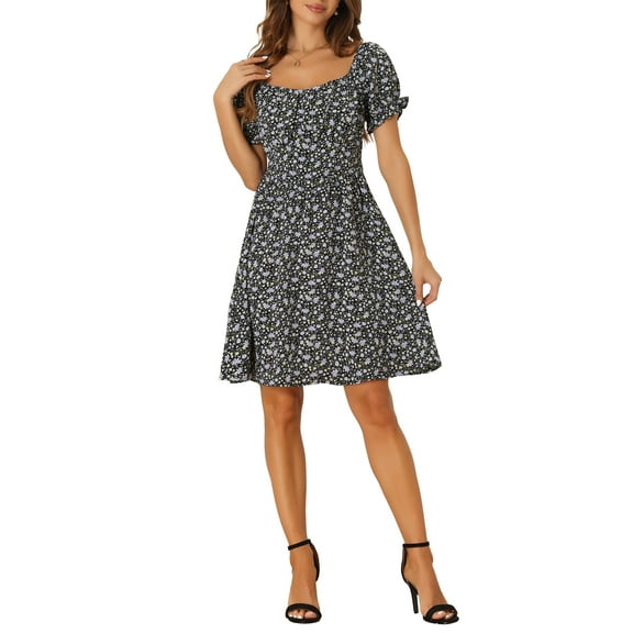 INSPIRE CHIC Sweetheart Neck Dresses for Women's Smocked Back Puff Short Sleeves Midi Dress Black M