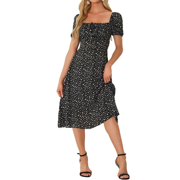 INSPIRE CHIC Women's Smocked Dress Square Neck Ruffled Hem Floral Dress S Black