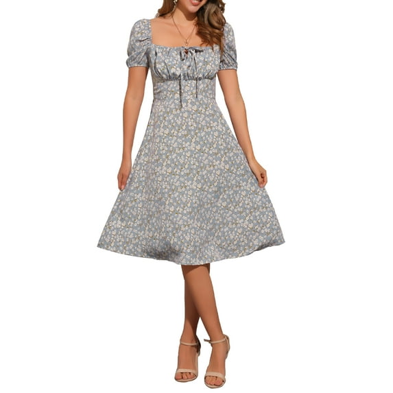 INSPIRE CHIC Women's Smocked Dress Square Neck Ruffled Hem Floral Dress XS Gray Blue