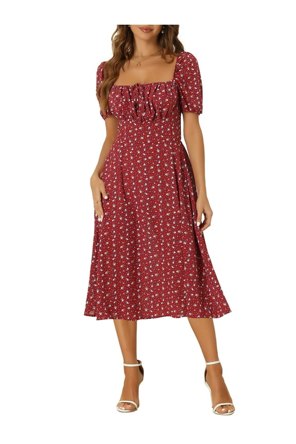 Women's Smocked Dress Square Neck Ruffled Hem Floral Dress XS Red