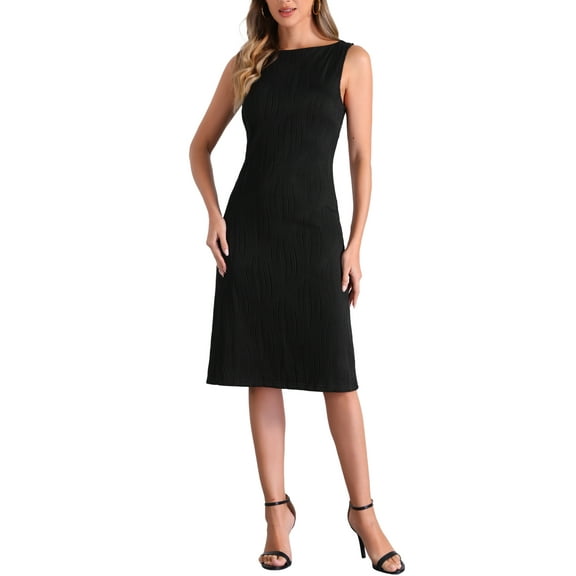 INSPIRE CHIC Tank Dress for Women's Boat Neck Textured Casual Office Sleeveless Sheath Dress L Black