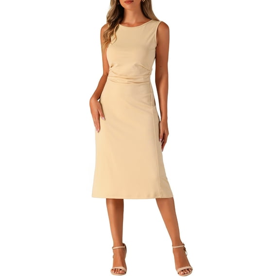 INSPIRE CHIC Tank Dress for Women's Crew Neck Ruched Casual A-line Midi Sleeveless Dresses XL Beige
