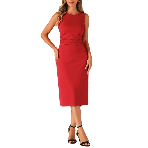 INSPIRE CHIC Tank Dress for Women's Crew Neck Ruched Casual A-line Midi Sleeveless Dresses XL Red