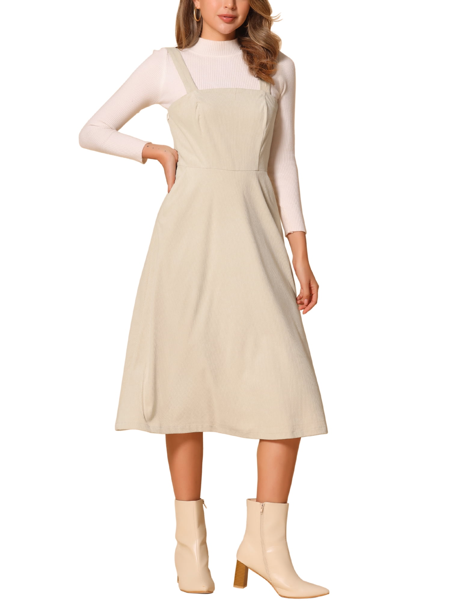 Inspire Chic Women's Tank Ribbed Dress Square Neck Sleeveless A-Line Midi Casual Dress M Beige, Size: Medium Inspire Chic Women's Tank Ribbed Dress Square Neck Sleeveless A-Line Midi Casual Dress M Beige, Size: Medium
