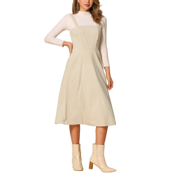 INSPIRE CHIC Women's Tank Ribbed Dress Square Neck Sleeveless A-Line Midi Casual Dress XL Beige