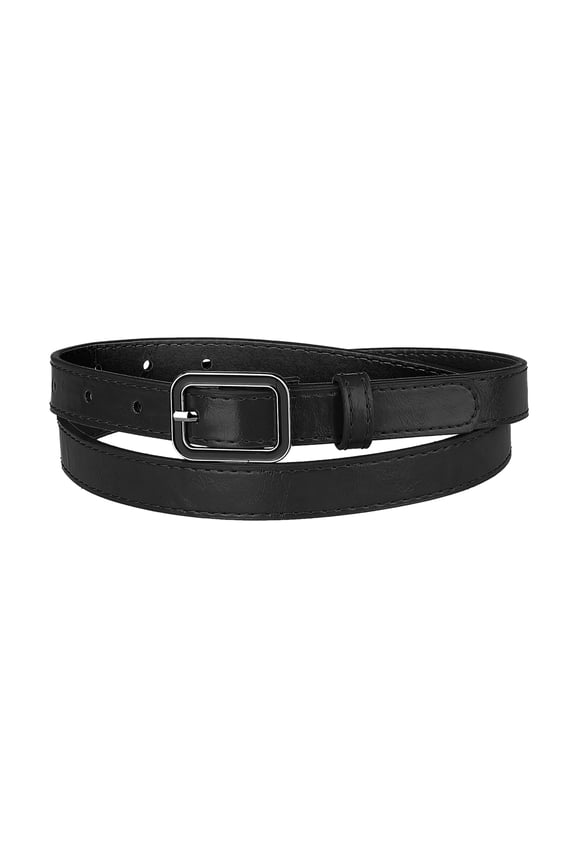 Thin Waist Belts for Women Rectangle Pin Buckle Skinny Leather Belt for Pants Dress Fit waist 78-95cm/30.7-37.4" Black