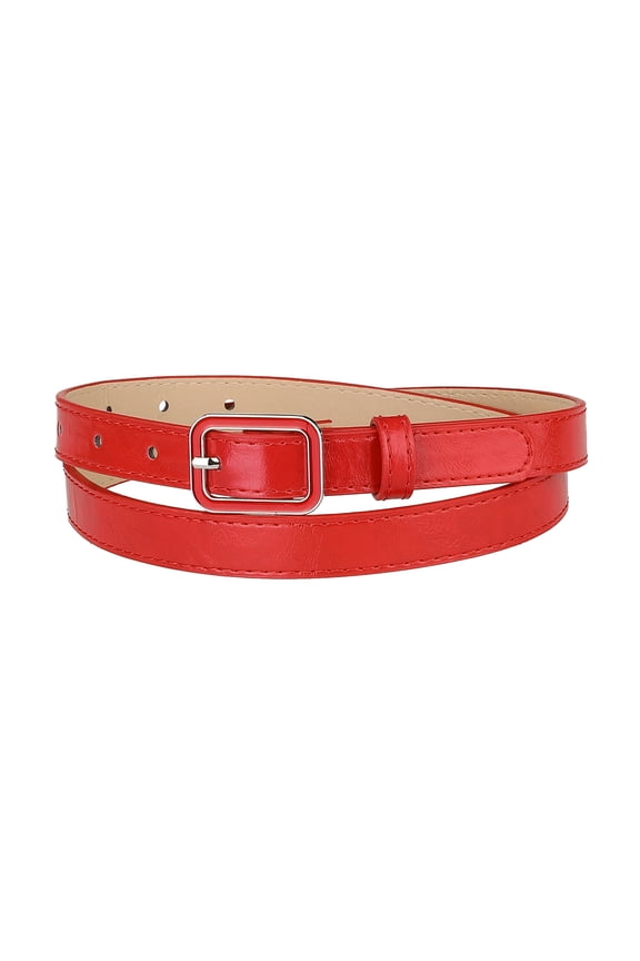 Thin Waist Belts for Women Rectangle Pin Buckle Skinny Leather Belt for Pants Dress Fit waist 78-95cm/30.7-37.4" Red