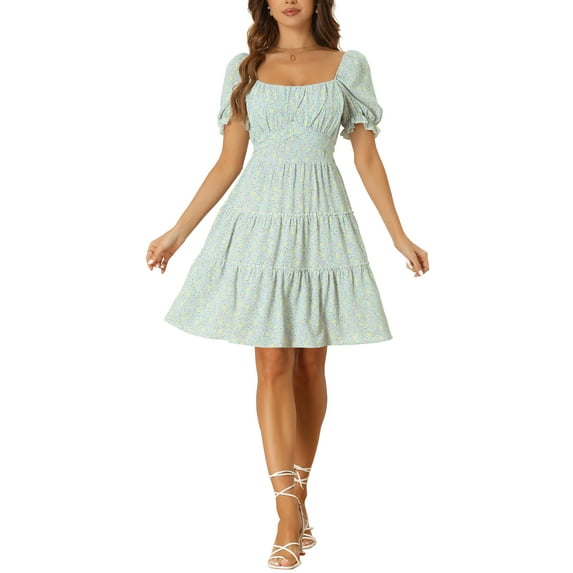 INSPIRE CHIC Tie Floral Dresses for Women's Summer Square Neck Puff Sleeve Tie Back Flowy Mini Dress