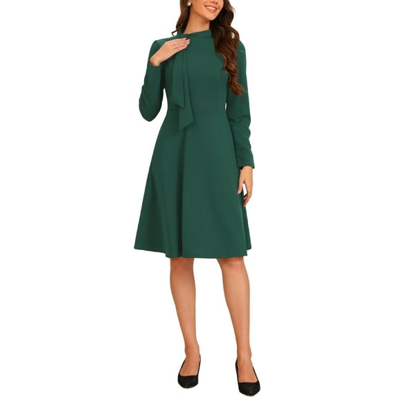 INSPIRE CHIC Tie Neck Dress for Women's Mock Neck Long Sleeve A-Line Midi Dresses