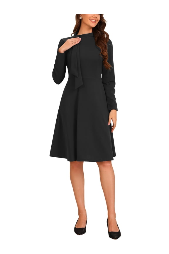 Tie Neck Dress for Women's Mock Neck Long Sleeve A-Line Midi Dresses