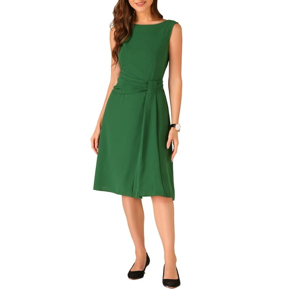 INSPIRE CHIC Tie Waist Work Dress for Women's Boat Neck Midi Sleeveless Dress XS Dark Green