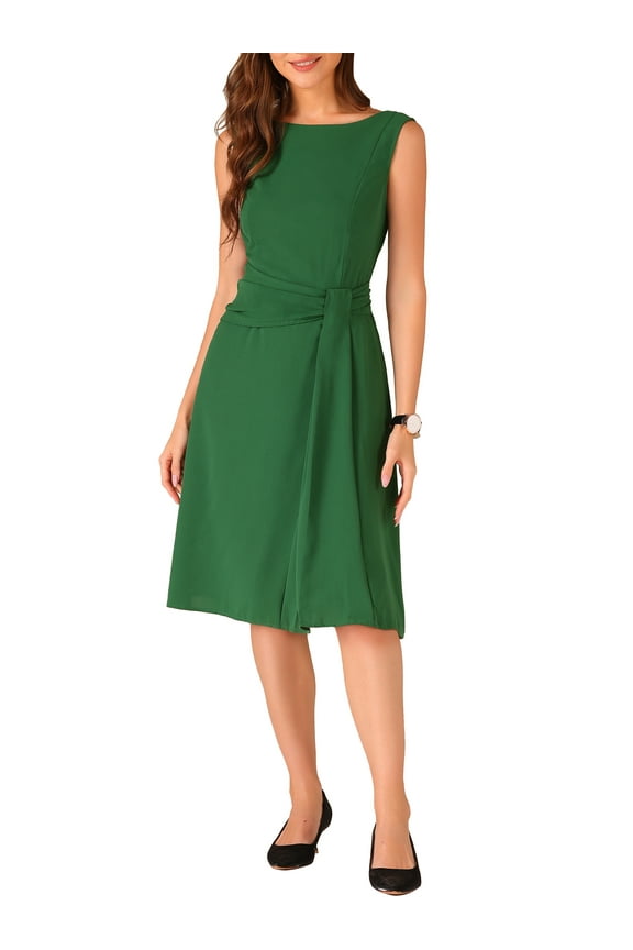 Tie Waist Work Dress for Women's Boat Neck Midi Sleeveless Dress XS Dark Green