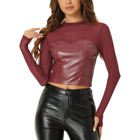 Allegra K Top for Women's Faux Leather Long Sleeve Mesh Sheer Corset XL Wine Red