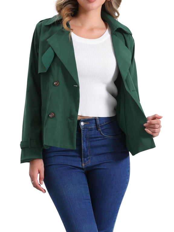 Trench Coat for Women's Casual Notched Lapel Double Breasted Outerwear Short Jacket XL Green