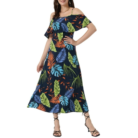 INSPIRE CHIC Tropical Dress for Women's Flare Sleeve Midi Off Shoulder Dress M Navy Blue