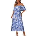 thumbnail image 1 of INSPIRE CHIC Tropical Dress for Women's Flare Sleeve Midi Off Shoulder Dress L Light Blue, 1 of 6