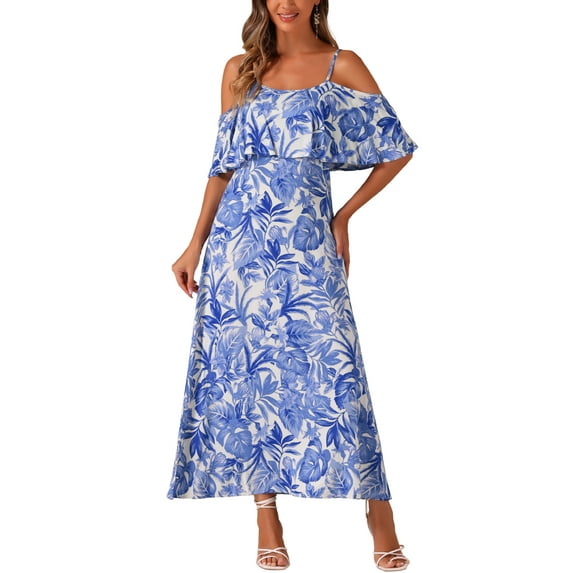 INSPIRE CHIC Tropical Dress for Women's Flare Sleeve Midi Off Shoulder Dress L Light Blue