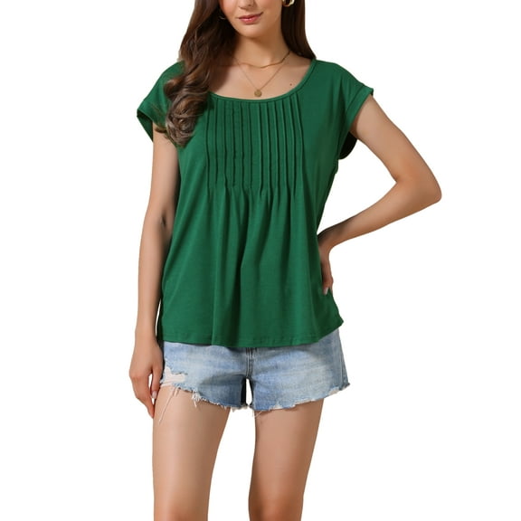 INSPIRE CHIC Tunic Tops for Women's Short Sleeve Pleated Front Dressy Round Neck Summer Casual Blouses S Dark Green