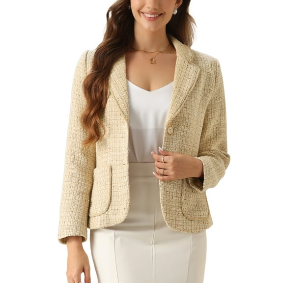 INSPIRE CHIC Women's Tweed Blazer Notch Lapel Long Sleeve Fall Elegant Business Casual Jacket L Apricot