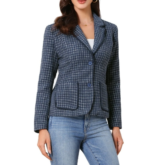 INSPIRE CHIC Women's Tweed Blazer Notch Lapel Long Sleeve Fall Elegant Business Casual Jacket M Dark Blue