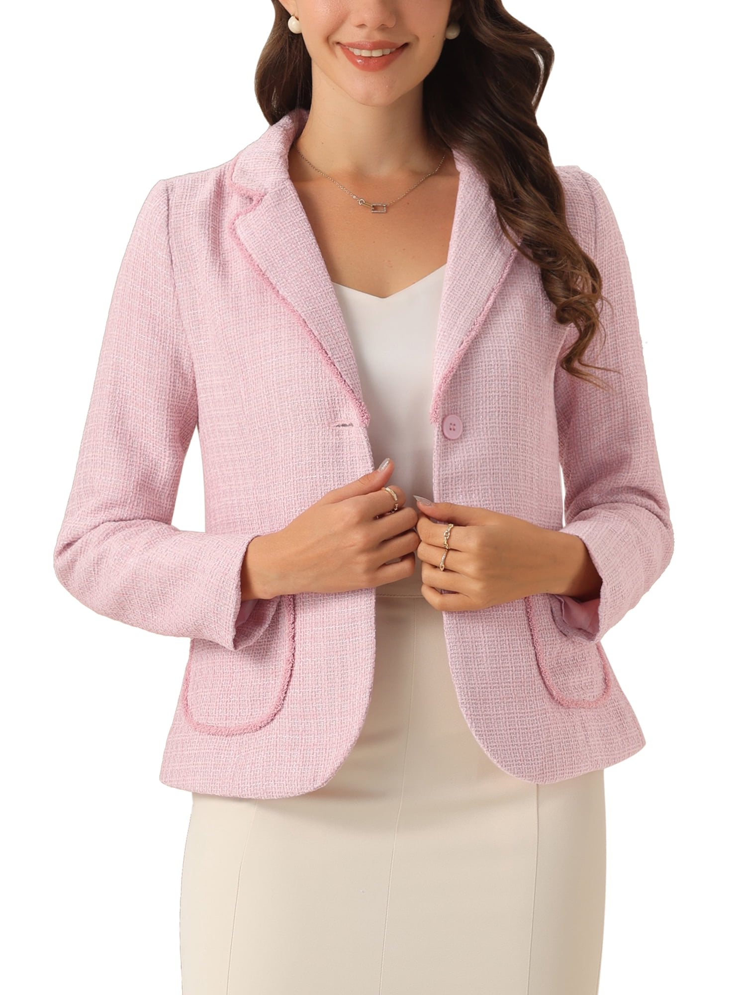 Allegra K Women's Tweed Blazer - Collarless Cropped Jacket, Long Sleeve Button Down For Business Casual Outfits