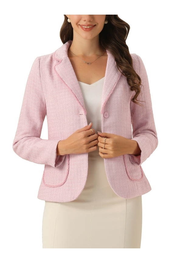 Women's Tweed Blazer Notch Lapel Long Sleeve Fall Elegant Business Casual Jacket M Pink