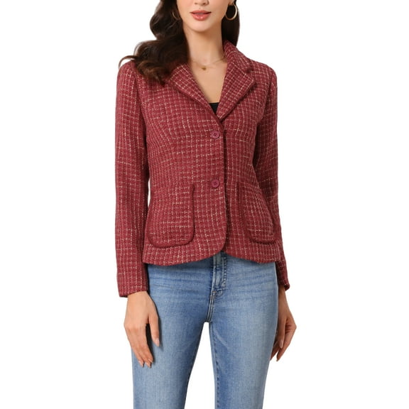 INSPIRE CHIC Tweed Blazer for Women's Notch Lapel Long Sleeve 2024 Fall Elegant Business Casual Jacket S Dark Red