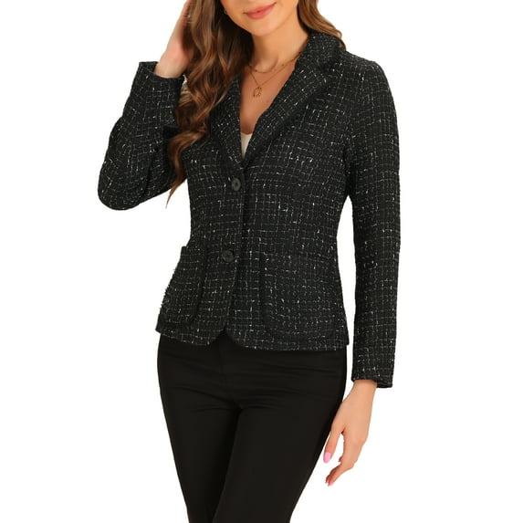 INSPIRE CHIC Women's Tweed Blazer Notch Lapel Long Sleeve Fall Elegant Business Casual Jacket XS Black
