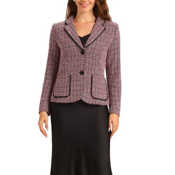 INSPIRE CHIC Women's Tweed Blazer Notch Lapel Long Sleeve Fall Elegant Business Casual Jacket XS Red Black