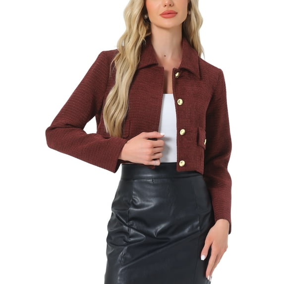 Allegra K Tweed Blazer for Women's Short Suit Long Sleeve Crop Jacket M Wine Red