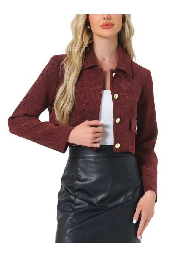 Tweed Blazer for Women's Short Suit Long Sleeve Crop Jacket M Wine Red